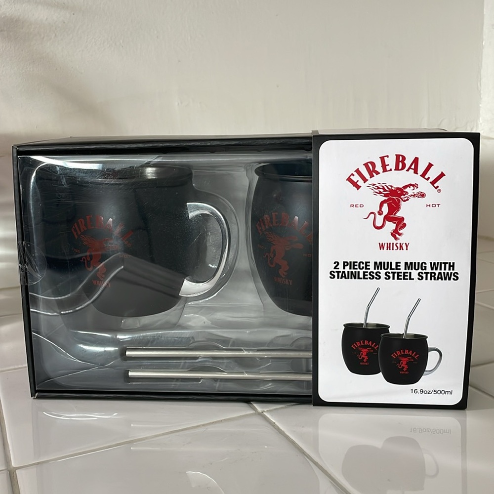 Fireball 2 Piece Mule Mug w/Stainless Steel Straws - NEW